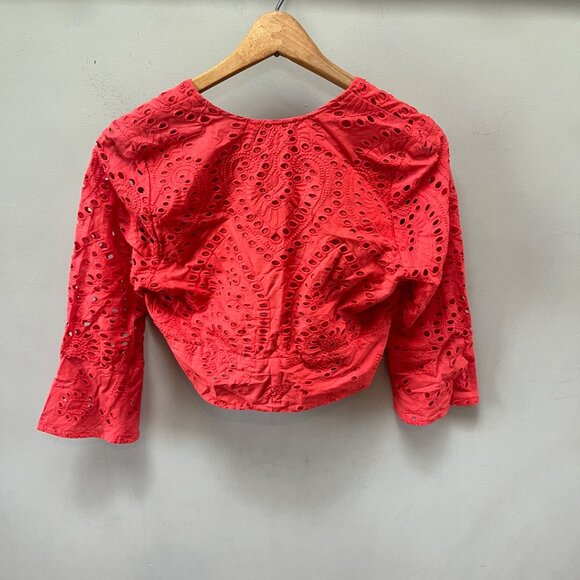 Beach Riot X Revolve Red Embroidered Eyelet Crop Top With Tie Front & Flared Sle - Picture 4 of 4